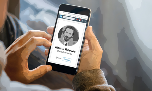 A LinkedIn friend request from Keanu Reeves on mobile phone