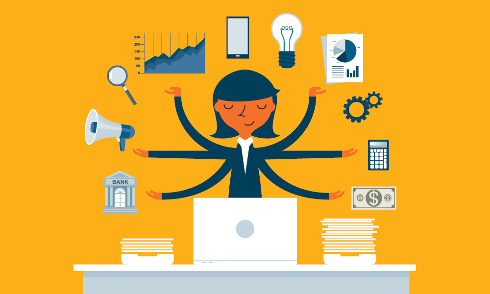 Illustration of woman with many arms doing multiple tasks