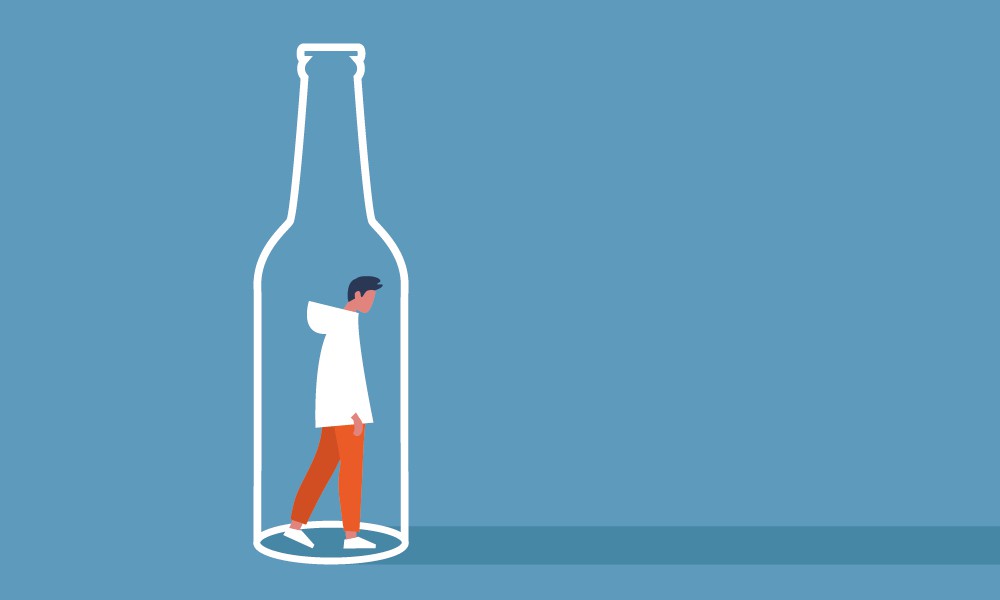 Illustration of man confined to bottle