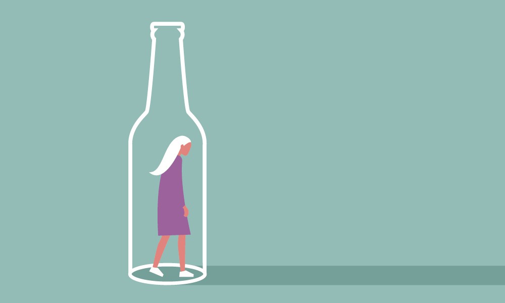 Illustration of woman confined by bottle