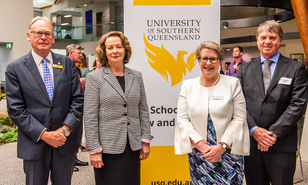 Chancellor John Dornbusch, Chief Justice of Australia, The Honourable Susan Kiefel AC, Vice-Chancellor Professor Geraldine Mackenzie and Professor Reid Mortensen.