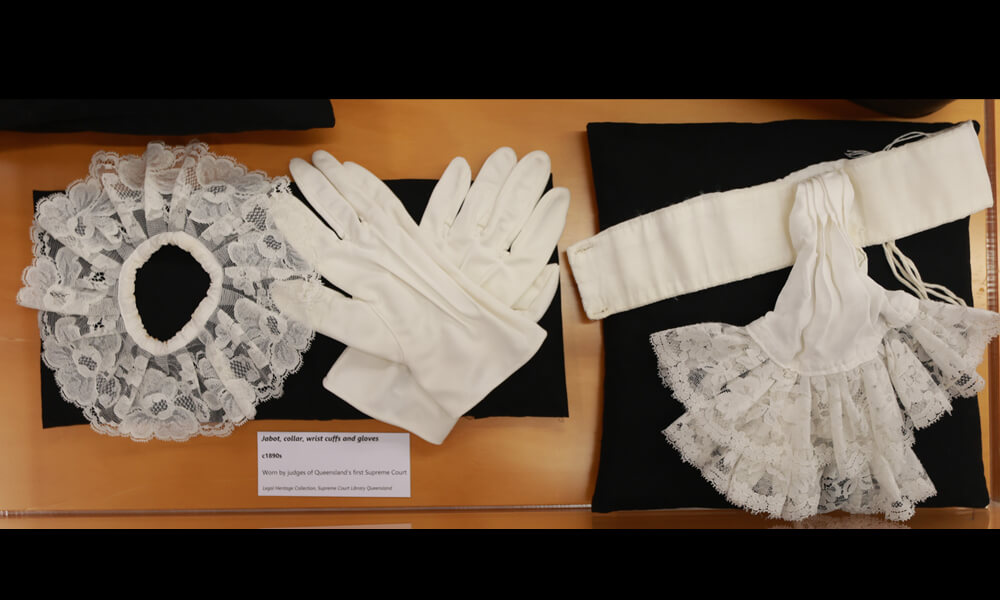 Jabot, collar, wrist cuffs and gloves worn by judges of the state's first Supreme Court,  circa 1890s.