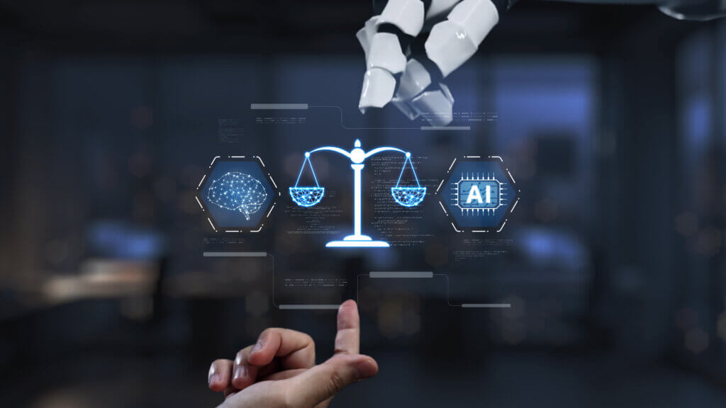 A robotic hand interacts with a digital representation of scales of justice, symbolizing the integration of artificial intelligence in modern legal practices and future innovations. Synapse